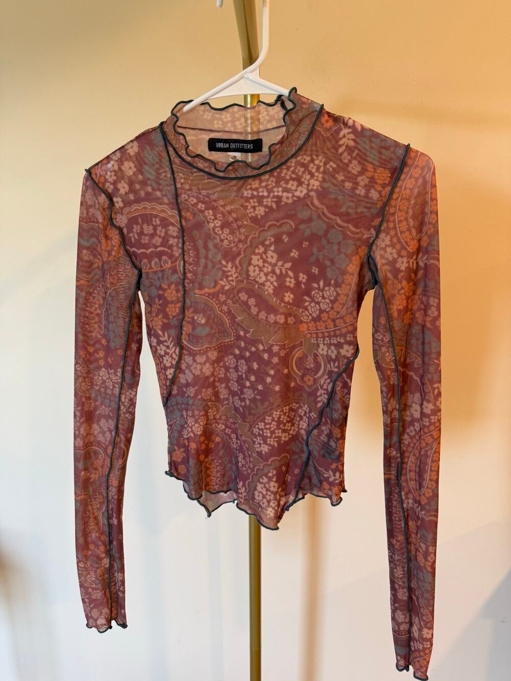 Urban Outfitters Mesh Top Womens Medium Multicolor Floral Lettuce-Edge Mock Neck
